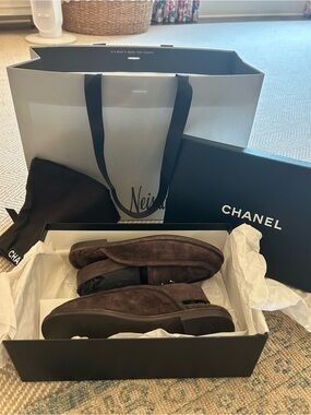 CHANEL Dark Brown Suede Slingback Shearling Loafers